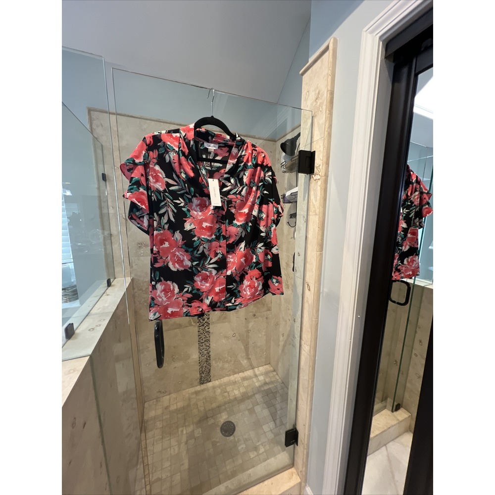 Calvin Klein Womens Blouse Pink Palm Leaf Ruffle Short Sleeve 1X New NWT